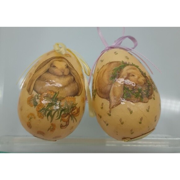 2 Vintage Paper Mache Bunny Easter Eggs 1989 Dakin Ornaments - Picture 1 of 8